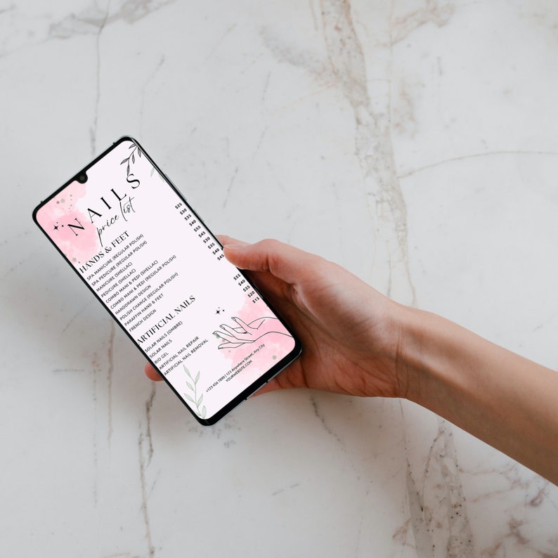 Our Nail Salon Menu Template offers an elegant solution for displaying your services and prices, easily editable in Canva