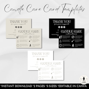 Candle Labels, Care Instructions & Thank You Cards Canva Template | Business Bundle with Gift Cards | Thank You  Cards for Candle Branding
