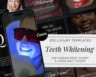 May include: A collection of 250 Instagram templates for teeth whitening businesses. The templates feature images of people smiling with white teeth and text that says "Teeth Whitening", "Don't wait! Special pricing available now", "Tips to whitening teeth naturally", and "Brighten your smile in just one visit".