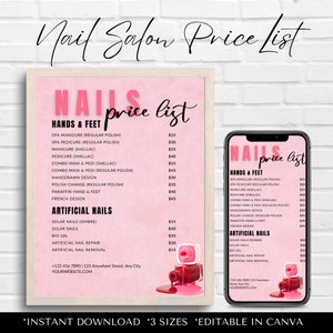 Lista de precios de uñas: descarga instantánea, plantilla editable para salón. Precios de pedicura y manicura. Hoja de precios de salón de belleza y uñas. Impulse su negocio.