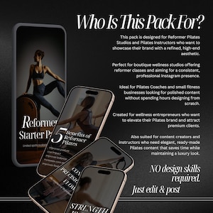 May include: A promotional image for Pilates content. The image features three smartphones displaying Pilates-related content, with a woman demonstrating Pilates exercises. Text includes "Reformer Starter Pack" and "5 Benefits of Reformer Pilates."