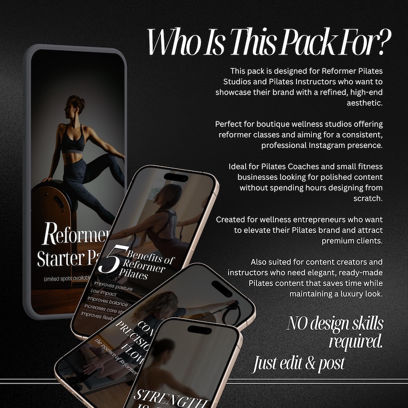 May include: A promotional image for Pilates content. The image features three smartphones displaying Pilates-related content, with a woman demonstrating Pilates exercises. Text includes "Reformer Starter Pack" and "5 Benefits of Reformer Pilates."