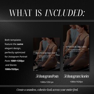 May include: A dark image with white text that reads "WHAT IS INCLUDED:" and details for Instagram templates. The templates are designed for Instagram Portrait Posts (1080x1350px) and Stories (1080x1920px). The image also includes the text "BEGINNER FRIENDLY."
