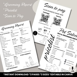 May include: Black and white printable grooming report and pricelist for a pet salon. The report includes sections for eyes, nose, ears, teeth, coat, skin, and overall behavior. The pricelist includes services for bath, grooming, and tidy up. The document is editable in Canva.
