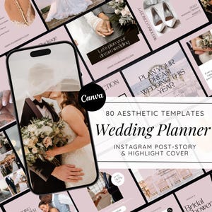 Puede incluir: Una colección de 80 plantillas estéticas de planificador de bodas para publicaciones, historias y portadas de destacados de Instagram. Las plantillas presentan una combinación de colores rosa y blanco con imágenes de anillos de boda, flores y parejas. El texto "Wedding Planner" se muestra en negrita.