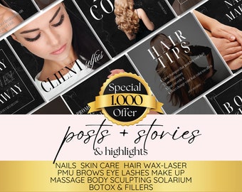 1000 Canva Templates for Beauty Business: Instagram, Aesthetic, Skincare, PMU, Lash Artist, Esthetician Feed, Waxing & Hair Salon Posts