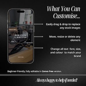 May include: A black background with white text that reads "What You Can Customize..." and bullet points describing customization options. A phone displays a fitness class booking interface. Text includes "Book Online in 30 Seconds."