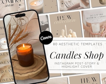 May include: A collection of 80 aesthetic templates for an Instagram candle shop. The templates feature candles in various colours and styles, with text overlays that say "New Collection", "Do You Like Aesthetic Candles", and "Candles Shop".