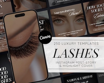 Op de afbeelding: Een verzameling van 250 Instagram-post- en story-sjablonen voor wimpersalons. De sjablonen hebben een zwart-wit kleurenschema met een modern ontwerp. De tekst "LASHES" is weergegeven in een groot, vet lettertype.
