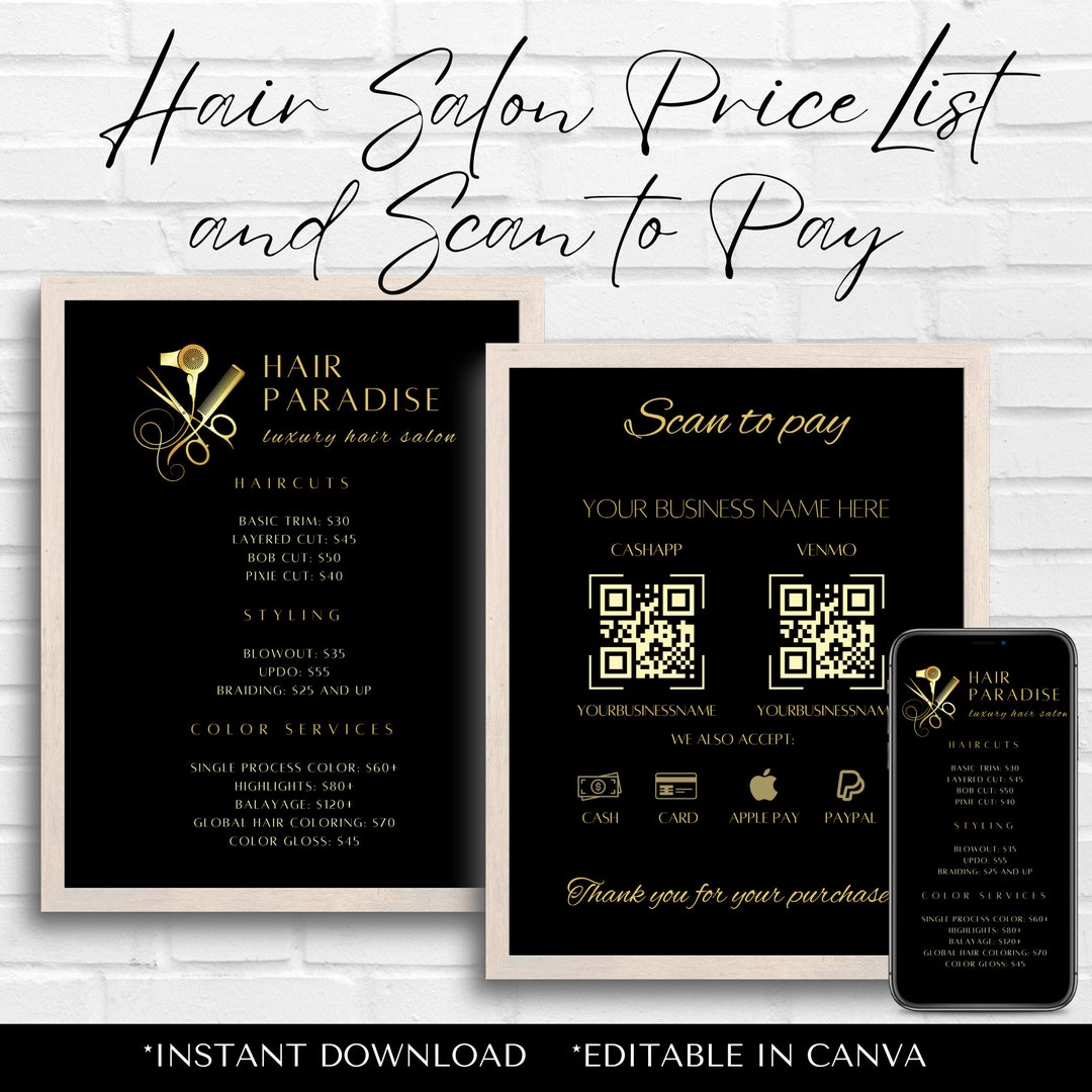 Hair Salon Price List Template Editable Canva Design QR Code Etsy