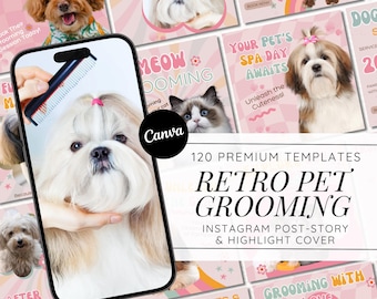 Retro Dog Grooming Canva Template: Pet Business Instagram Feed (Digital Download)