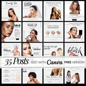 May include: A collage of 35 Instagram post templates for makeup artists. The templates feature images of models with makeup, text overlays, and graphics. The text includes phrases like "Beauty Tips", "Wedding Makeup Artist", "Make Up Tutorial", "Sale Makeup", "Professional Make-Up Classes", "Make-Up Base", "Makeup Tutorials", "Makeup Appointments are open", "Daily Makeup Course", "Beauty Makeup Big Sale", "Beauty Makeup Artist", "The Blush", "ILY Tip", "Make Up Online Class", and "We're Hiring".
