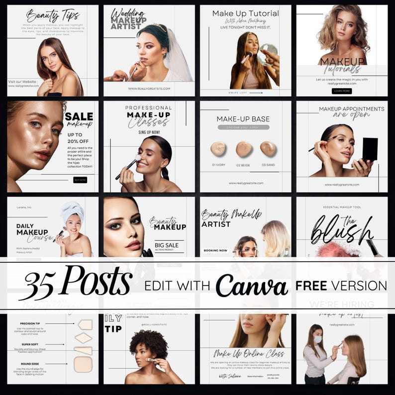 May include: A collage of 35 Instagram post templates for makeup artists. The templates feature images of models with makeup, text overlays, and graphics. The text includes phrases like "Beauty Tips", "Wedding Makeup Artist", "Make Up Tutorial", "Sale Makeup", "Professional Make-Up Classes", "Make-Up Base", "Makeup Tutorials", "Makeup Appointments are open", "Daily Makeup Course", "Beauty Makeup Big Sale", "Beauty Makeup Artist", "The Blush", "ILY Tip", "Make Up Online Class", and "We're Hiring".