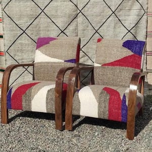 Cozy Retro Reading Chair, Bohemian Mid-Century Accent Chair, Handmade Wooden Armchair, and Striped Multicolored Lounge Chai