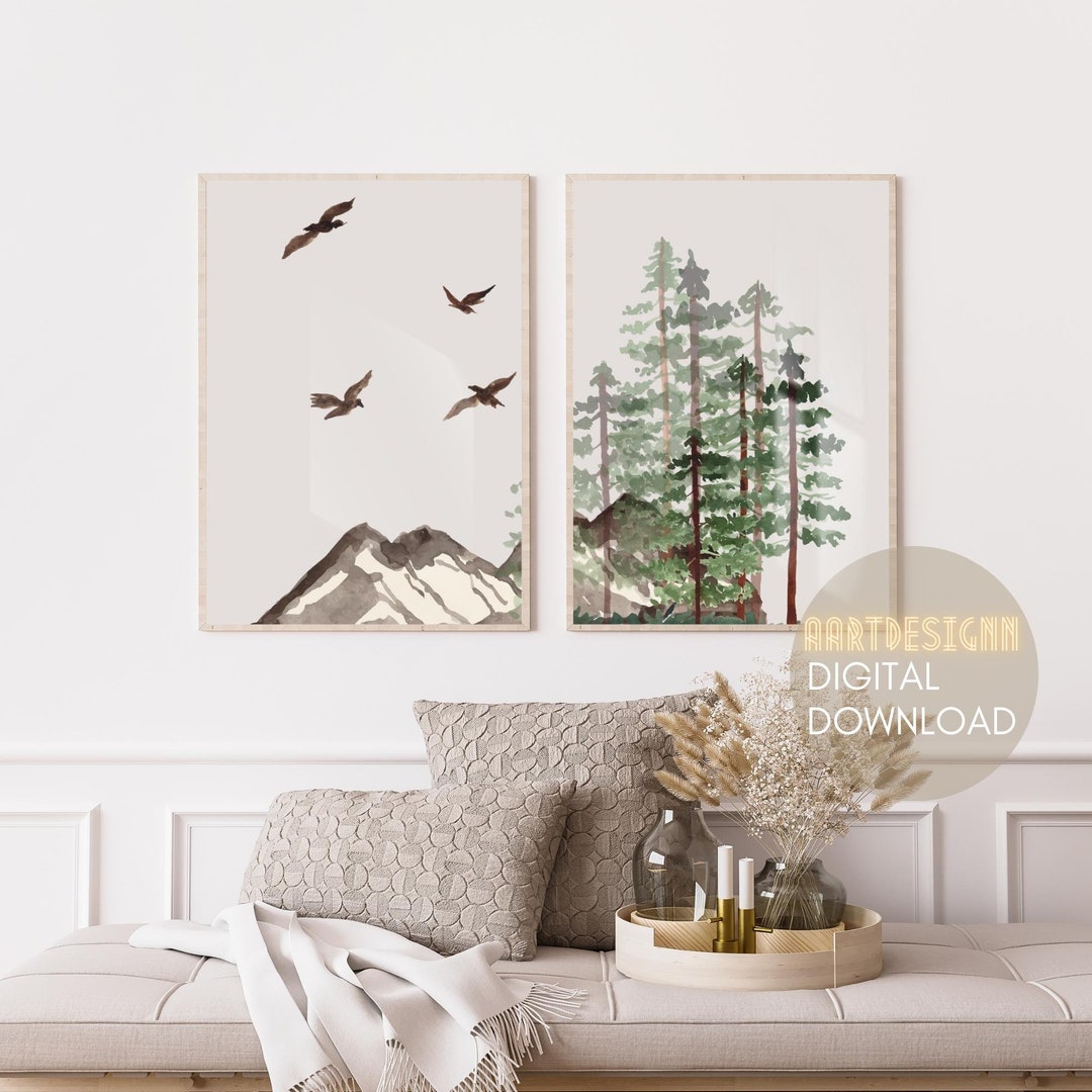 Mountain Art Print Set, Landscape Wall Art, Watercolor Mountain Print ...