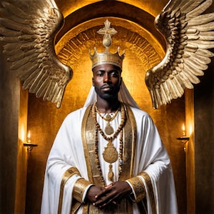 May include: A man wearing a white robe and a gold crown with a cross on top. He is standing in front of a gold background with two golden angel wings on either side of him. He is wearing a gold necklace with a cross pendant.