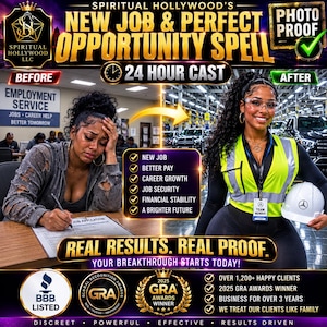 Puede incluir: Un gráfico promocional para un servicio de hechizos titulado Spiritual Hollywood's New Job & Perfect Opportunity Spell. Muestra una comparación en pantalla dividida de una persona llenando una solicitud de empleo y luego usando un chaleco reflectante.