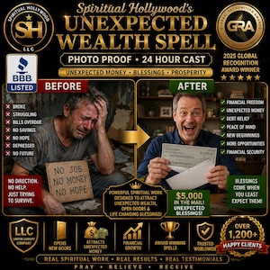 May include: A promotional graphic for Spiritual Hollywood's Unexpected Wealth Spell. The image features a before and after comparison of a person, with text detailing financial struggles and success, including a $5,000 check and various award badges.