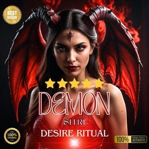 May include: A digital illustration of a woman with red devil horns and wings. The text "DEMON SITRI DESIRE RITUAL" is written below her. The image has a red background with a starburst in the center.