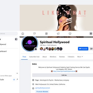 May include: Facebook page for Spiritual Hollywood, a celebrity spell casting service. The page has 20K likes and 112K followers. The page's cover photo features a woman with long nails covering her face. The text "LIKE WHAT FREESTYLE" is visible in the background. The page's profile picture is a black circle with a purple planet and rings. The text "SPIRITUAL HOLLYWOOD" is visible in the circle. The page's description includes the text "Welcome to Spiritual Hollywood Celebrity Spell Casting Service We Cast Spells Los Angeles NYC, Miami http://www.spiritualhollywood.net".