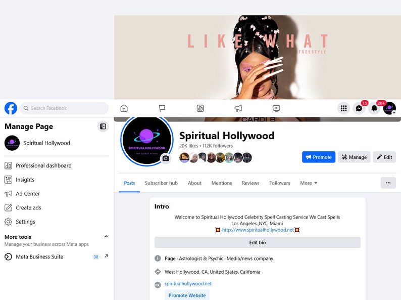 May include: Facebook page for Spiritual Hollywood, a celebrity spell casting service. The page has 20K likes and 112K followers. The page's cover photo features a woman with long nails covering her face. The text "LIKE WHAT FREESTYLE" is visible in the background. The page's profile picture is a black circle with a purple planet and rings. The text "SPIRITUAL HOLLYWOOD" is visible in the circle. The page's description includes the text "Welcome to Spiritual Hollywood Celebrity Spell Casting Service We Cast Spells Los Angeles NYC, Miami http://www.spiritualhollywood.net".
