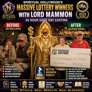 Puede incluir: Un gráfico promocional titulado Spiritual Hollywood's Massive Lottery Winners With Lord Mammon. Muestra una figura dorada con un bastón de signo de dólar entre una pareja angustiada y una pareja que sostiene un cheque de lotería de un millón.