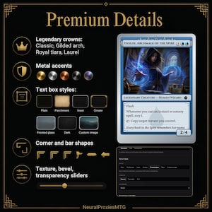 Puede incluir: Una interfaz digital titulada Premium Details que muestra opciones de personalizaci&oacute;n para una carta coleccionable. Incluye una carta llamada Ysolde, Archmage of the Spire, junto a iconos de coronas, acentos met&aacute;licos y estilos de texto.