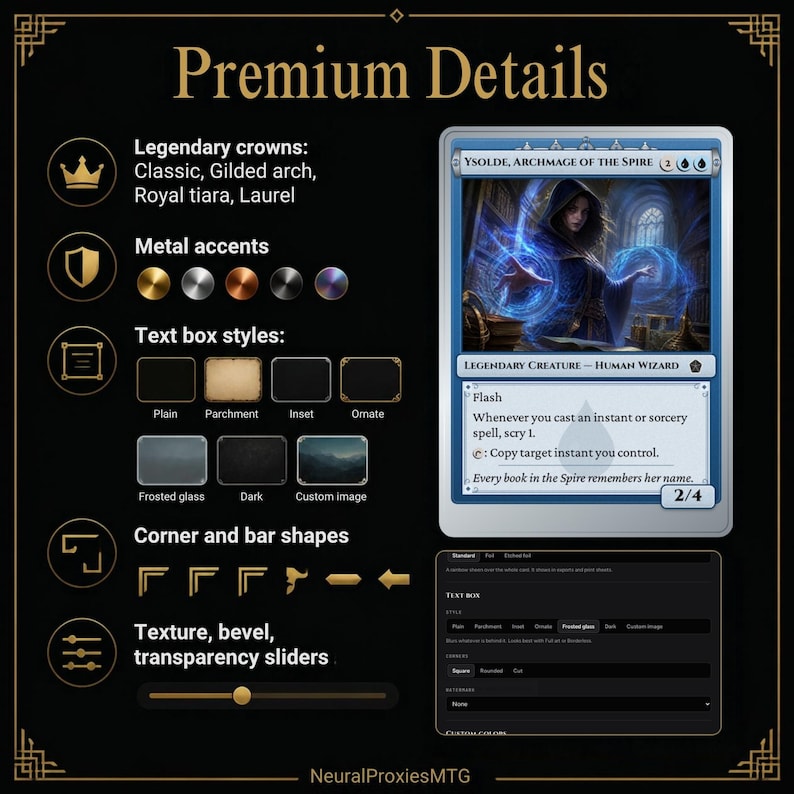 Puede incluir: Una interfaz digital titulada Premium Details que muestra opciones de personalizaci&oacute;n para una carta coleccionable. Incluye una carta llamada Ysolde, Archmage of the Spire, junto a iconos de coronas, acentos met&aacute;licos y estilos de texto.