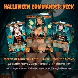 May include: A Halloween Commander Deck featuring 100 custom art proxy cards. The display shows three cards: Grave Pact, Meren of Clan Nel Toth, and Gray Merchant of Asphodel, all set against a graveyard background with orange text.