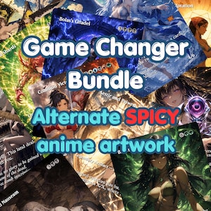 Puede incluir: Una colección de cartas coleccionables con diversas ilustraciones de estilo anime con colores vibrantes y temas de fantasía. Las cartas están superpuestas, mostrando varios personajes y efectos mágicos, con el texto Game Changer Bundle Alternate SPICY anime artwork superpuesto en el centro.