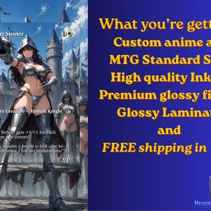 May include: A custom anime-style trading card featuring Adelbert Steiner as a legendary human knight in silver armor. The card text includes stats, abilities, and flavor text. Beside the card, yellow text lists product features on a blue background.