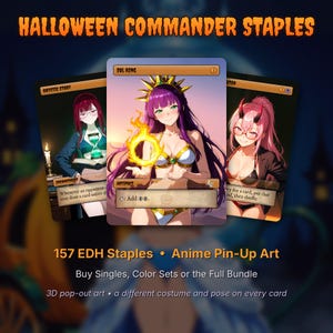 May include: Three trading cards titled HALLOWEEN COMMANDER STAPLES featuring anime-style illustrations. The center card is Sol Ring, showing a purple-haired character holding a glowing yellow ring. Text includes 157 EDH Staples, Anime Pin-Up Art, and Buy Singles, Color Sets or the Full Bundle.
