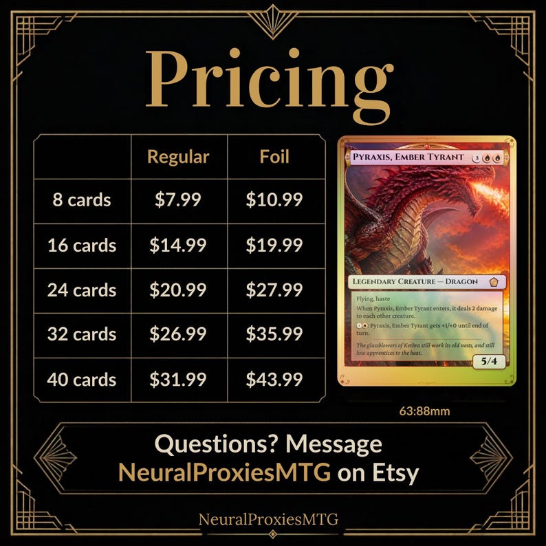 Puede incluir: Una carta coleccionable con Pyraxis, Ember Tyrant, un drag&oacute;n rojo que escupe fuego. El texto de la carta incluye Flying, Haste y una fuerza y resistencia de 5/4. Una tabla enumera cantidades de 8 a 40 cartas con opciones regular y foil.