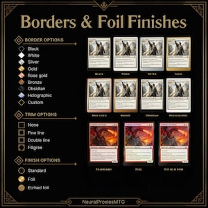 Puede incluir: Una gu&iacute;a titulada Borders & Foil Finishes que muestra varias opciones de bordes para tarjetas, incluyendo negro, blanco, plata, oro, oro rosa, bronce, obsidiana, hologr&aacute;fico y personalizado, junto con opciones de acabado y borde.