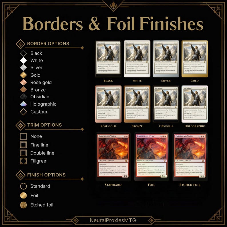 Puede incluir: Una gu&iacute;a titulada Borders & Foil Finishes que muestra varias opciones de bordes para tarjetas, incluyendo negro, blanco, plata, oro, oro rosa, bronce, obsidiana, hologr&aacute;fico y personalizado, junto con opciones de acabado y borde.