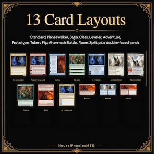 Puede incluir: Un gr&aacute;fico informativo negro titulado 13 Card Layouts, que enumera Standard, Planeswalker, Saga, Class, Leveler, Adventure, Prototype, Token, Flip, Aftermath, Battle, Room, Split y cartas de doble cara con ejemplos visuales de cada tipo.