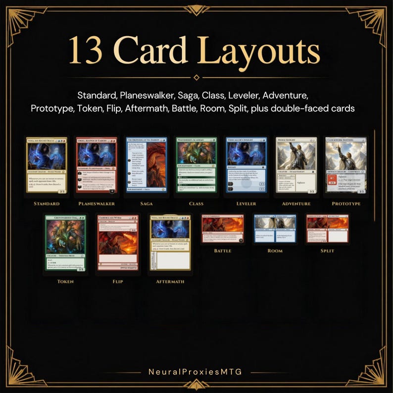 Puede incluir: Un gr&aacute;fico informativo negro titulado 13 Card Layouts, que enumera Standard, Planeswalker, Saga, Class, Leveler, Adventure, Prototype, Token, Flip, Aftermath, Battle, Room, Split y cartas de doble cara con ejemplos visuales de cada tipo.