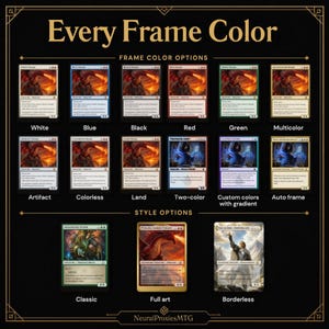 Puede incluir: Una tabla de productos titulada Every Frame Color que muestra varias opciones de marcos para cartas coleccionables, incluyendo blanco, azul, negro, rojo, verde, multicolor, artefacto, incoloro, tierra, bicolor, degradado personalizado y marcos autom&aacute;ticos, adem&aacute;s de estilos cl&aacute;sico, full art y sin bordes.
