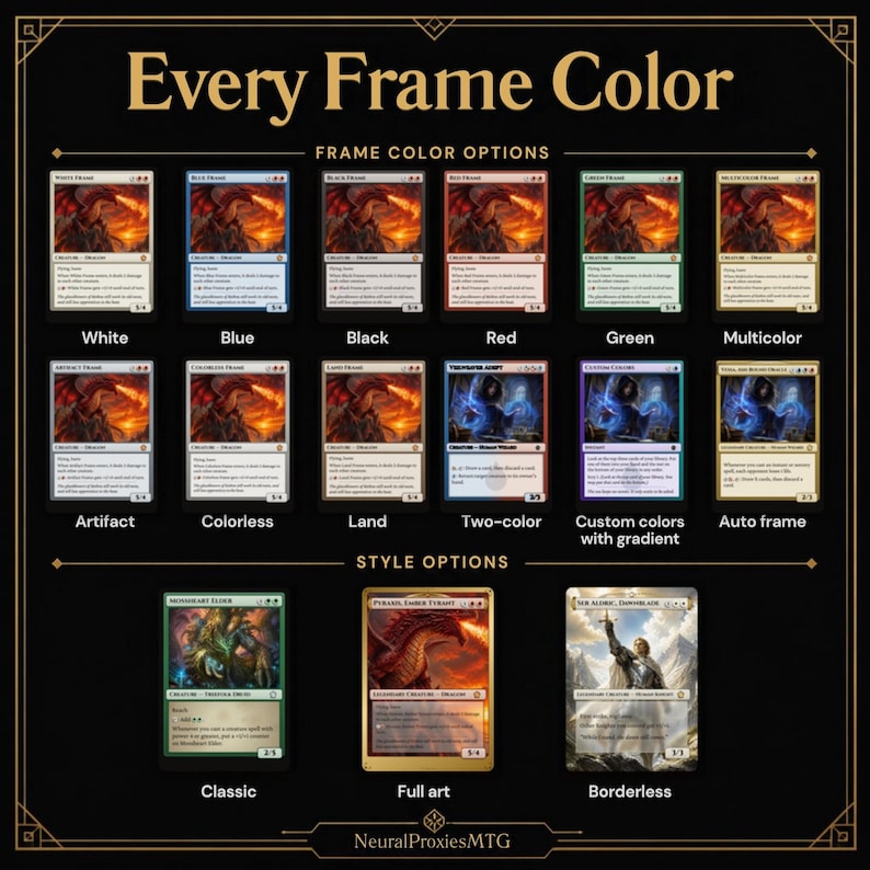 Puede incluir: Una tabla de productos titulada Every Frame Color que muestra varias opciones de marcos para cartas coleccionables, incluyendo blanco, azul, negro, rojo, verde, multicolor, artefacto, incoloro, tierra, bicolor, degradado personalizado y marcos autom&aacute;ticos, adem&aacute;s de estilos cl&aacute;sico, full art y sin bordes.