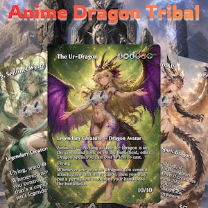 May include: A collectible trading card featuring a central illustration of a blonde dragon avatar with purple wings, labeled The Ur-Dragon. The card displays game text, mana symbols, and a power and toughness of 10/10 against a golden background.