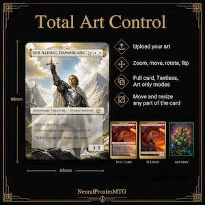 Puede incluir: Una carta coleccionable personalizada de 88mm por 63mm con el personaje Ser Aldric, Dawnblade. La interfaz muestra opciones para subir arte, hacer zoom, mover, rotar, voltear y seleccionar modos de carta completa, sin texto o solo arte.