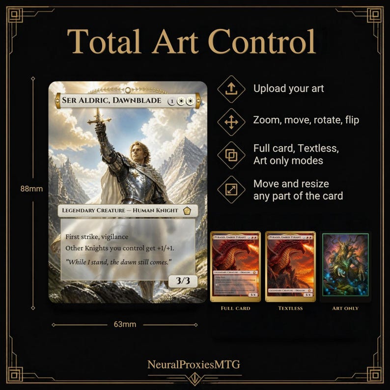 Puede incluir: Una carta coleccionable personalizada de 88mm por 63mm con el personaje Ser Aldric, Dawnblade. La interfaz muestra opciones para subir arte, hacer zoom, mover, rotar, voltear y seleccionar modos de carta completa, sin texto o solo arte.