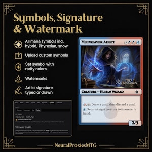 Puede incluir: Una interfaz digital titulada Symbols, Signature & Watermark con una carta de Magic: The Gathering llamada Veilweaver Adept. La carta muestra a un mago lanzando magia azul, con texto que detalla las habilidades y la puntuaci&oacute;n 2/3.