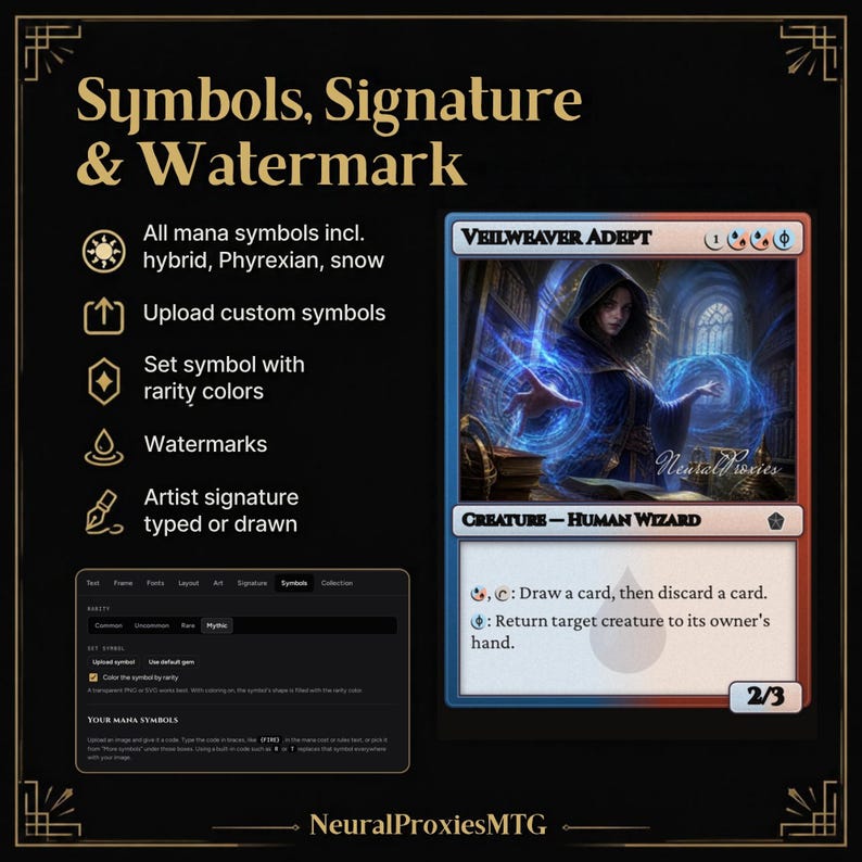 Puede incluir: Una interfaz digital titulada Symbols, Signature & Watermark con una carta de Magic: The Gathering llamada Veilweaver Adept. La carta muestra a un mago lanzando magia azul, con texto que detalla las habilidades y la puntuaci&oacute;n 2/3.