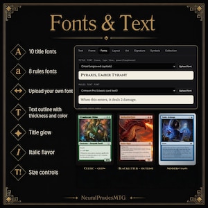 Puede incluir: Una interfaz digital para dise&ntilde;o de cartas titulada Fonts & Text, que incluye opciones para 10 fuentes de t&iacute;tulo, 8 fuentes de reglas, carga de fuentes propias, contornos de texto, brillo de t&iacute;tulo, cursiva y controles de tama&ntilde;o.