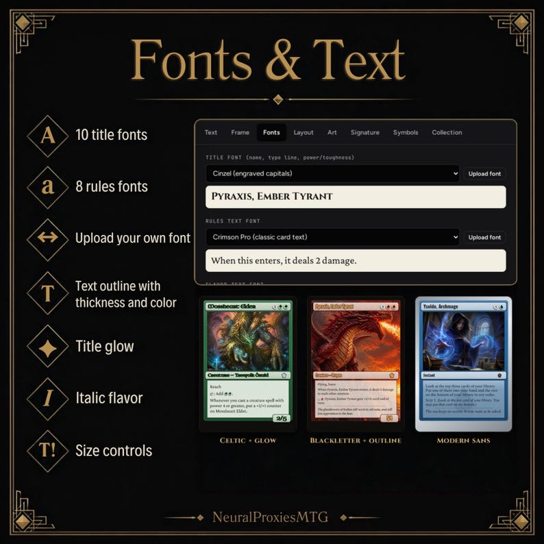 Puede incluir: Una interfaz digital para dise&ntilde;o de cartas titulada Fonts & Text, que incluye opciones para 10 fuentes de t&iacute;tulo, 8 fuentes de reglas, carga de fuentes propias, contornos de texto, brillo de t&iacute;tulo, cursiva y controles de tama&ntilde;o.