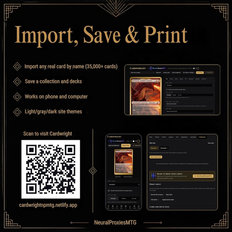 Puede incluir: Un gr&aacute;fico informativo negro titulado Import, Save & Print que incluye un c&oacute;digo QR para Cardwright, una lista de funciones como importar cartas, guardar mazos, temas de sitio y capturas de pantalla de la interfaz en m&oacute;vil y ordenador.