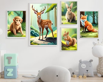 Poster Set mit Süßen Tieren Waldtieren SERIE 1  für Kinderzimmer oder Babyzimmer. Wanddeko Safari zum selbst ausdrucken