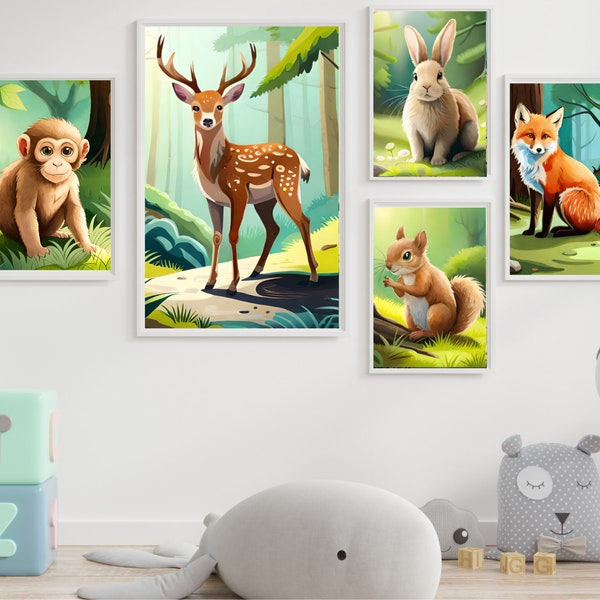 Posterset met Süßen Tieren Waldtieren SERIE 1 voor Kinderzimmer of Babyzimmer. Wanddeko Safari zum selbst ausdrucken