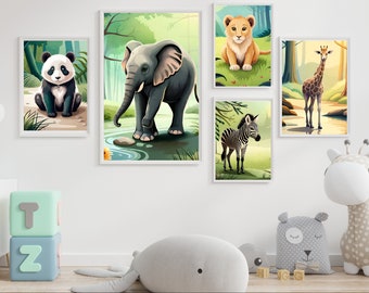 Poster Set mit Süßen Safartieren Tieren SERIE 2 für Kinderzimmer oder Babyzimmer. Wanddeko Safari zum selbst ausdrucken